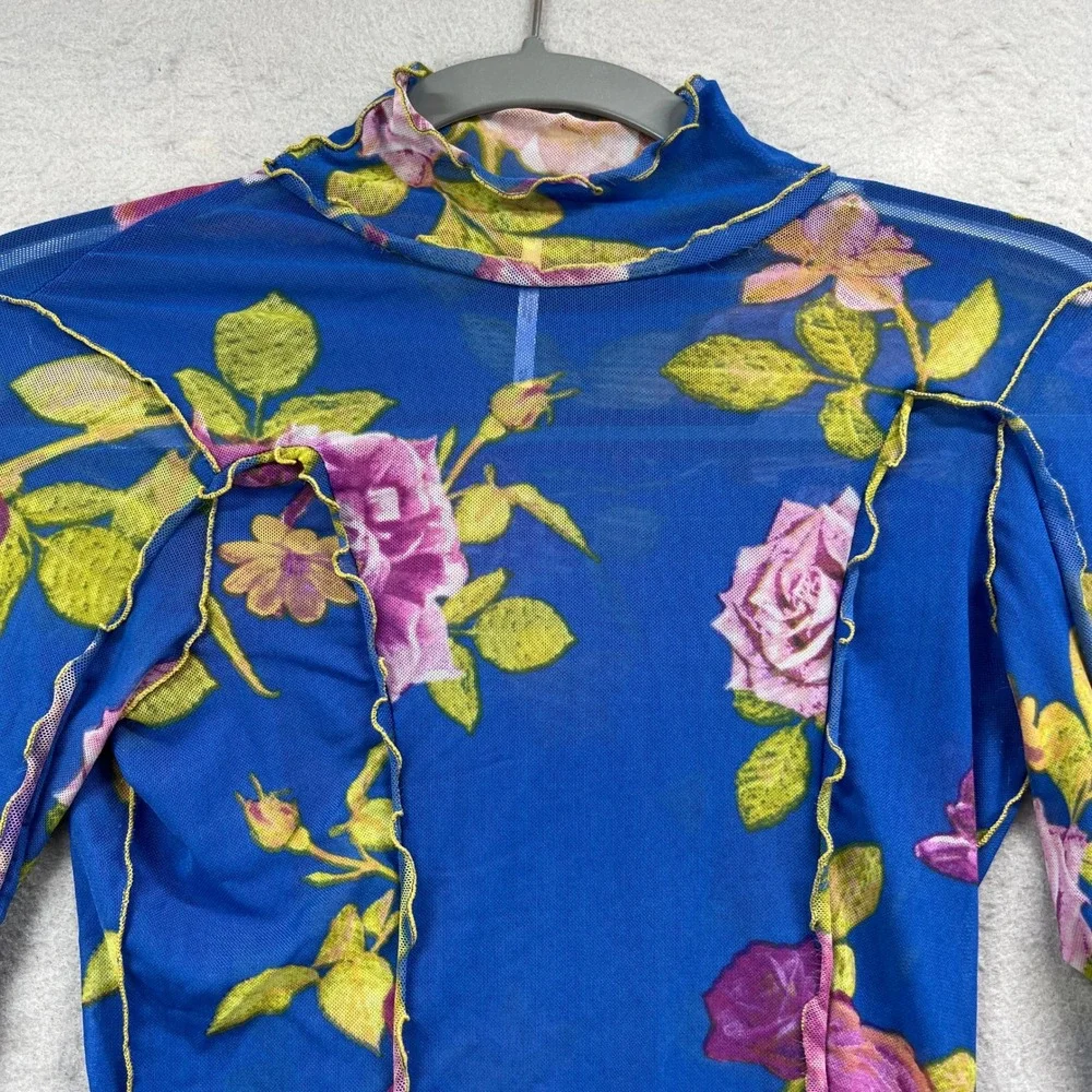 Free People Mesh Top Womens XS Blue Floral Sheer Mock Neck Long Sleeve Y2K